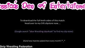 Catalia Valentine pins Amy Murphy in strip-wrestling, strapping her in a diaper.