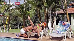 Latina Giovana Bombom sucks big black cock and gets licked by the pool