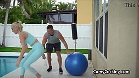 babe bounces her big natural tits on exercise ball during hardcore workout fucking