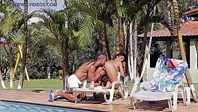 Latina Giovana Bombom sucks big black cock and gets licked by the pool