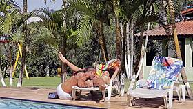 Latina Giovana Bombom sucks big black cock and gets licked by the pool