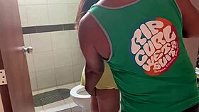 Intense bathroom blowjob leads to risky cumshot almost caught