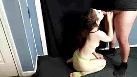 she kneels to suck german cock till creampie cum play