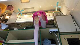 Teen Flashes Ass in Stockings at Work