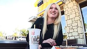 Blonde teen slut feels intense pleasure sucking strangers at gloryhole, swallowing cum in bukkake blowbang