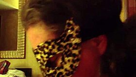 Masked mature woman excitedly sucks off her husband in provocative costume play!