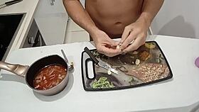 cooking a simple meal in the kitchen