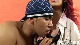 Naked shemale gives hardcore blowjob