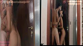 brunette at the entrance with luc�o and lunna vaz