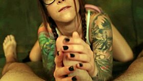 Felicity Feline gives blowjob in glasses and braids, then takes anal.