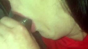 White girl passionately sucks big black cock in public parking lot with perky nipples exposed