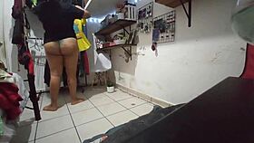 curvy mexican brunette folds laundry in thong while hidden voyeur watches