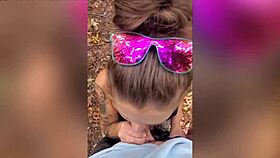 milf gives blowjob in the forest, leading to a cumshot outdoors 😏