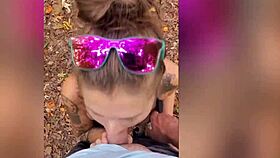 milf gives blowjob in the forest, leading to a cumshot outdoors 😏