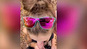 milf gives blowjob in the forest, leading to a cumshot outdoors 😏