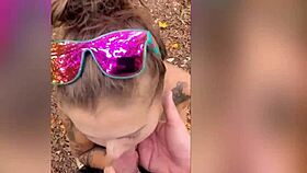 milf gives blowjob in the forest, leading to a cumshot outdoors 😏