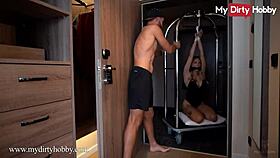 Tied up blondie Fiona-Fuchs gets a big cock birthday gift in her mouth