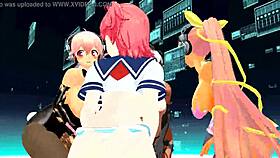 Four anime girls sing erotically while undressing passionately