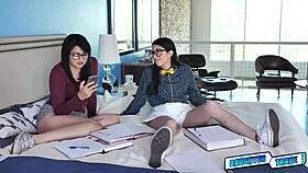 Cool dad guides stepdaughters through group fingering lessons in the bedroom