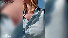 Depraved blonde exposes her massive tits in public outdoor display, flaunting wet pussy and big ass for horny amateurs.