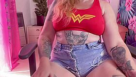 dc fan girl fucks her hairy pussy on gaming chair with dildo toys