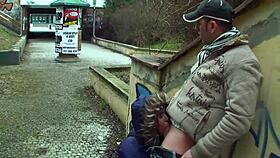 Watching a redhead with perfect tits piss outdoors in public