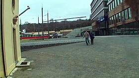 Watching a redhead with perfect tits piss outdoors in public