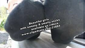 Wow, sexy girls give footjobs in sweaty socks!