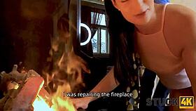 brunette babe enjoys hubby by the fireplace