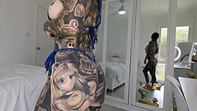 Melody radford tries on metallic dark blue micro bikini at home