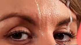 In this wild blowbang, the slutty doll eagerly sucks multiple cocks, receiving a massive facial and swapping the hot cum.