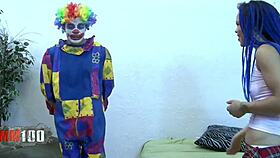 submissive clown dominates petite brunette in miniskirt