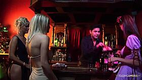 Friendly guy enjoys attention from three helpful women in a group setting.