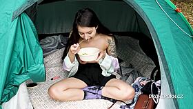 Naked Alisa Eats Salad In Tent