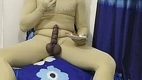 zentai slave bound in ropes getting cbt on penis and eating food fetish