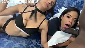 Watch that tasty threesome with the faithful wife and her lover getting oiled up for doggystyle action.