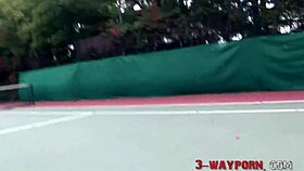 Blonde tattooed redhead group engages in intense mff threesome sucking on outdoor tennis court