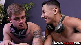 Gay stepbrothers chill with video games before intense bareback action.