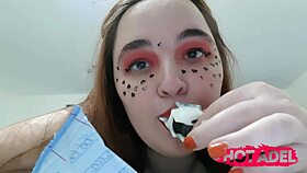 Chubby redhead teen eats ice cream and plays with small tits