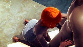 Gwen gets a blowjob and creampie in the public bath