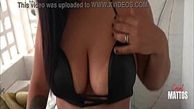 Nicoly Mattos teases in mini skirt, gets pussy filled in laundry