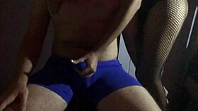 Teen in fishnets gives lapdance, cums in pants during handjob.