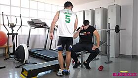 Magic Javi and Kike Gil perform intense blowjob in gym with muscular bodybuilders