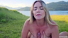 big tit blonde whore gets a scenic monster cock fuck outdoors with a muscular babe.