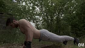 naked boxer got gay precum and hard erect cock during workout