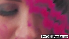 Jayden teases her wet pussy in solo play, big tits bouncing wildly.