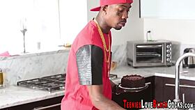 teen interacts with big black character