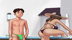 Massaging her breasts in the steamy jacuzzi