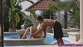 teen babe gives footjob