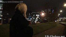 Watch this blonde babe flashing in lingerie outdoors?